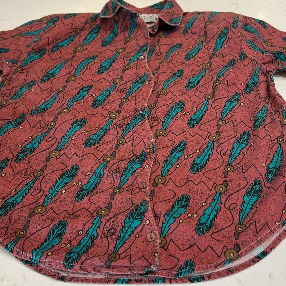 Vintage Mine & Bills Outfitters Feather Print Western Button Down Size S - Picture 2 of 8